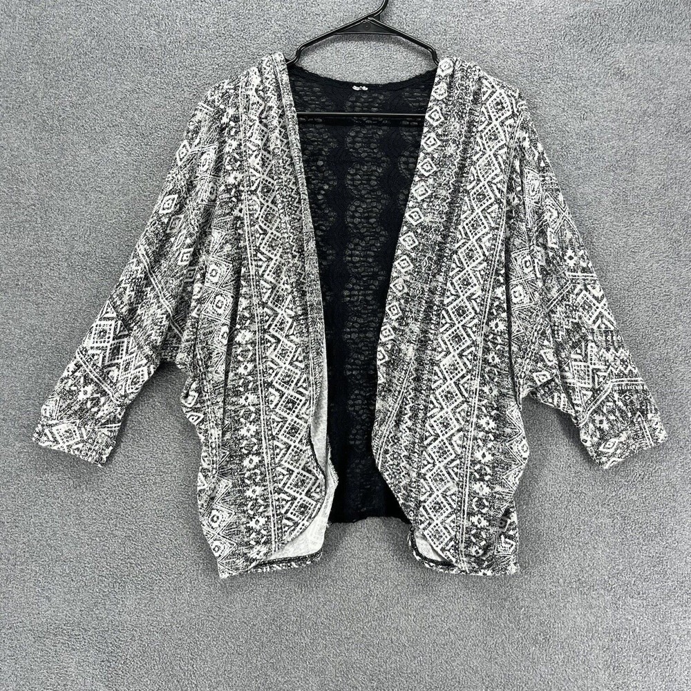 Womens Cardigan Top Sweater 3/4 Sleeve‎ Black Gray Lace open back Geomteric
